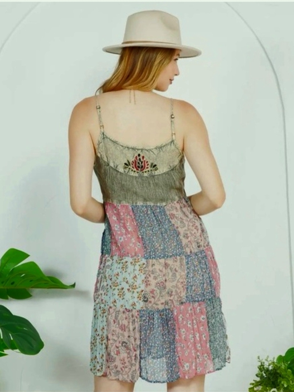 Young Threads Boho Patchwork Tiered Midi Dress in Olive & Floral Sz S - Picture 3 of 13